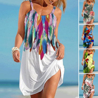 🌈U-Neck colorat imprimat vrac scurt spaghete curea rochie👗