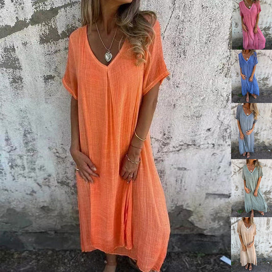 🔥 Rochie Midi Casual din Bumbac și In cu Guler în V
