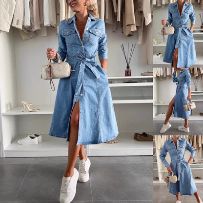 😘Rochie din denim cu mânecă lungă, cu buton, pentru femei✨