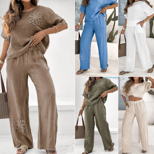 🔥Top de culoare solidă și costum din două piese cu picioare largi