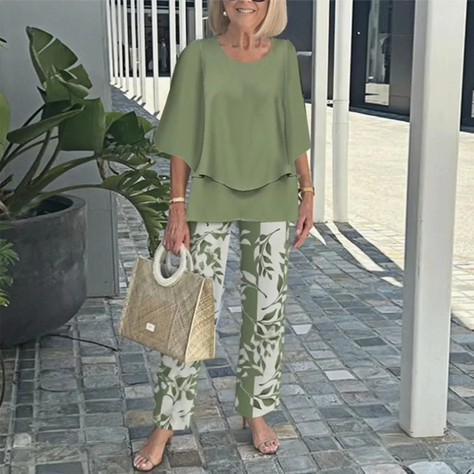 🔥✨Set pantaloni imprimați și top cu gât rotund pentru femei