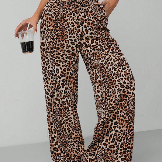 Pantaloni cu picior drept și picior lat pentru femei cu imprimare de leopard