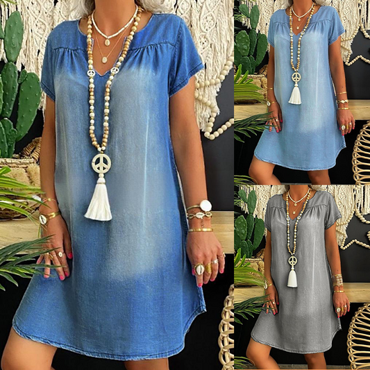 🔥Rochie de damă din denim cu mânecă scurtă și decolteu în V