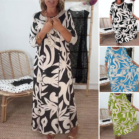 👗 Rochie elegantă lejeră cu imprimeu cu guler rotund pentru femei