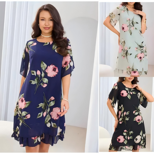 👗🌺Chiffon florale imprimare rotund gât rochie