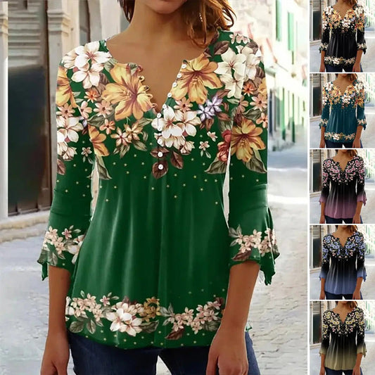 🌹Colier roz gratuit 🌹Elegant floral print V-neck top pentru femei