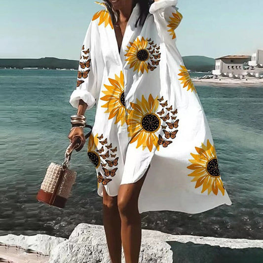 ✨Rochie cămașă lejeră cu mâneci lungi și imprimeu casual