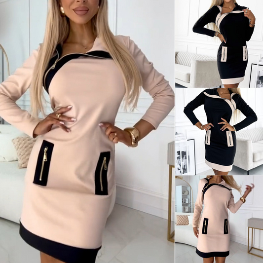 【S-3XL】✨💖Rochie scurtă colorată pentru femei, cu mâneci lungi și închidere cu fermoar